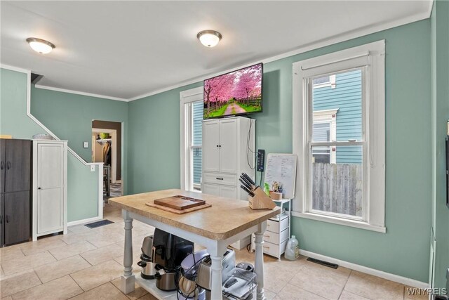 interior space with baseboards, ornamental molding, light tile patterned floors, and a healthy amount of sunlight