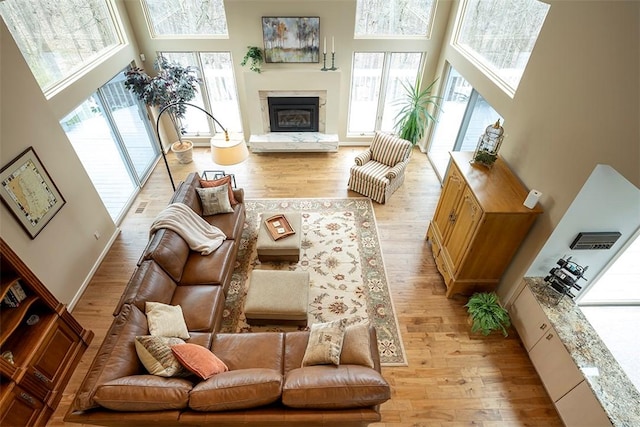 living area featuring light wood-style floors, a high ceiling, and plenty of natural light