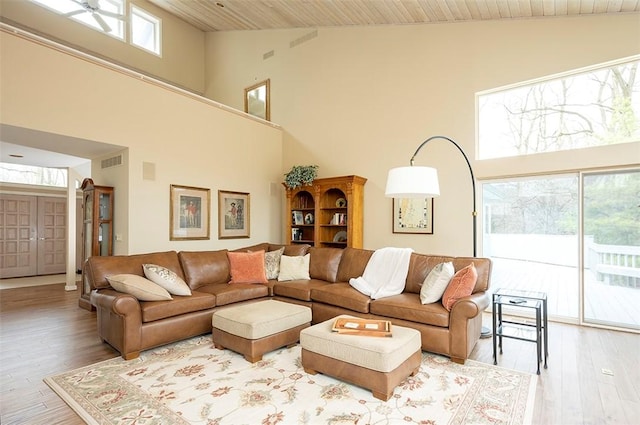 living room featuring visible vents, wood ceiling, wood finished floors, and high vaulted ceiling