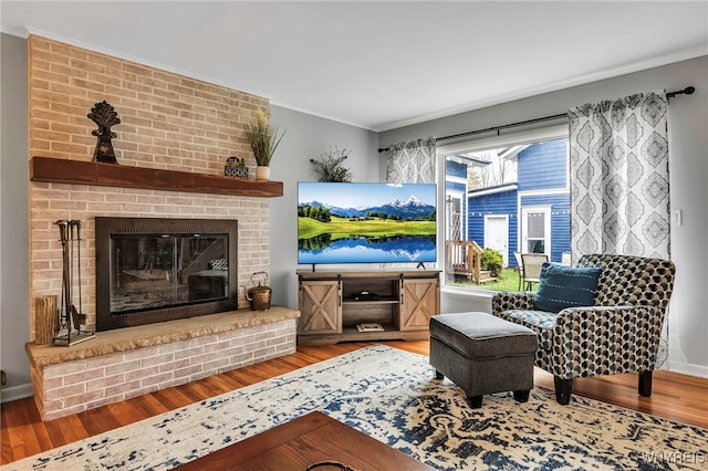 living area featuring crown molding, wood finished floors, and a fireplace