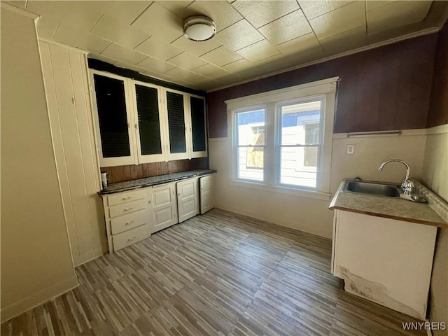 kitchen featuring light wood-style floors, a sink, and white cabinetry