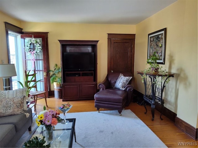 living area featuring baseboards and light wood finished floors