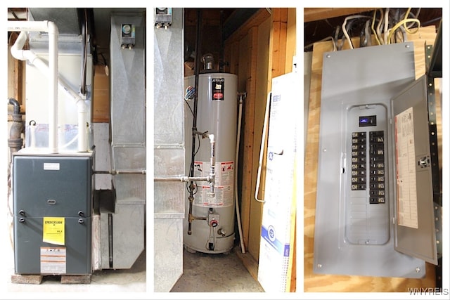 utility room featuring heating unit, electric panel, and gas water heater