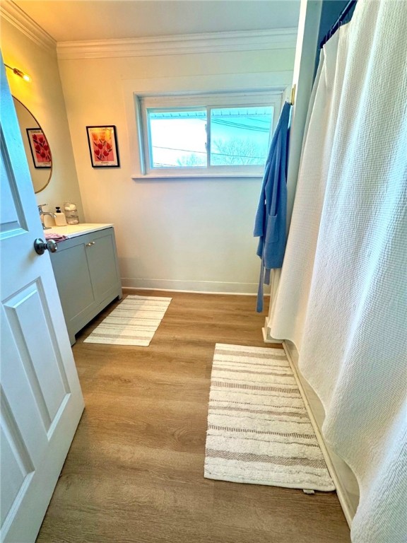 bathroom with vanity, ornamental molding, baseboards, and wood finished floors