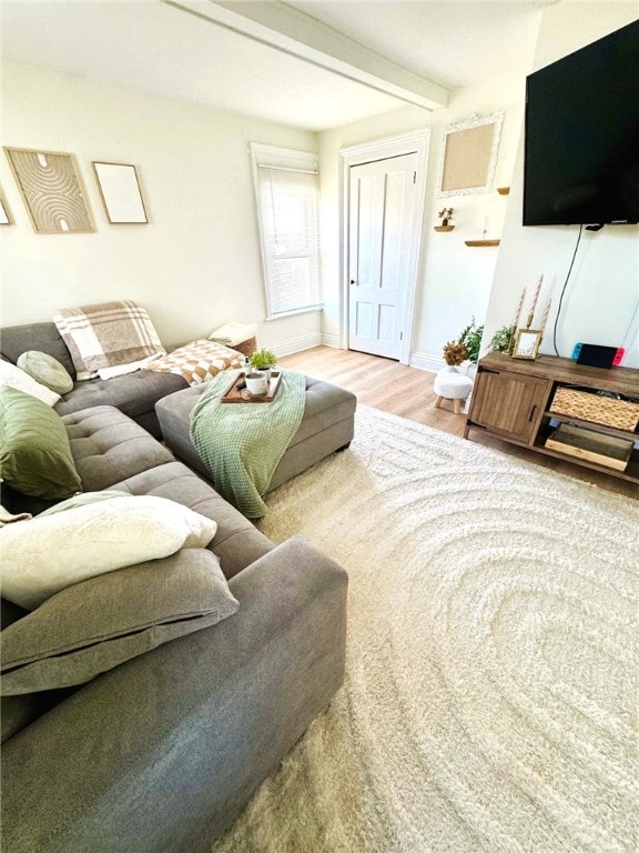 living room featuring baseboards, beam ceiling, and wood finished floors