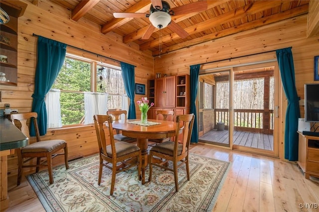 dining space featuring a ceiling fan, wood walls, wooden ceiling, beamed ceiling, and light wood-style floors