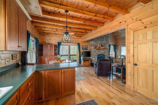 kitchen with brown cabinetry, wood walls, a peninsula, wooden ceiling, and light wood-style flooring