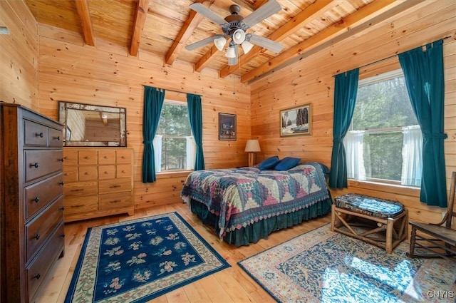 bedroom featuring beamed ceiling, wood walls, wooden ceiling, and hardwood / wood-style flooring