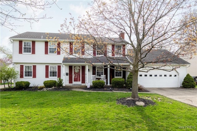 view of front facade with a garage, a front yard, a chimney, concrete driveway, and covered porch