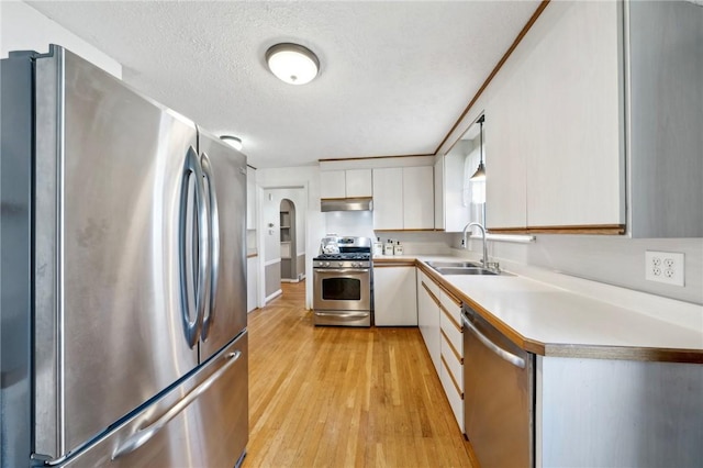 kitchen with a sink, light countertops, light wood-style flooring, stainless steel appliances, and under cabinet range hood