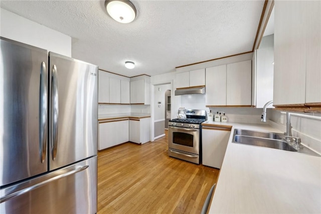 kitchen with light countertops, under cabinet range hood, a sink, light wood finished floors, and stainless steel appliances