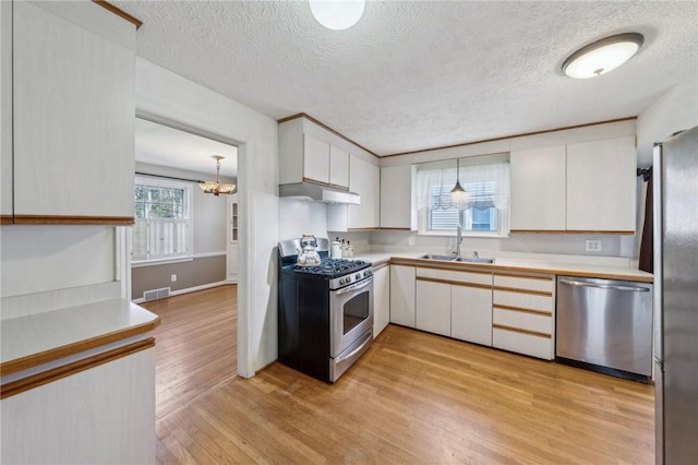 kitchen featuring under cabinet range hood, stainless steel appliances, a textured ceiling, and light wood-type flooring