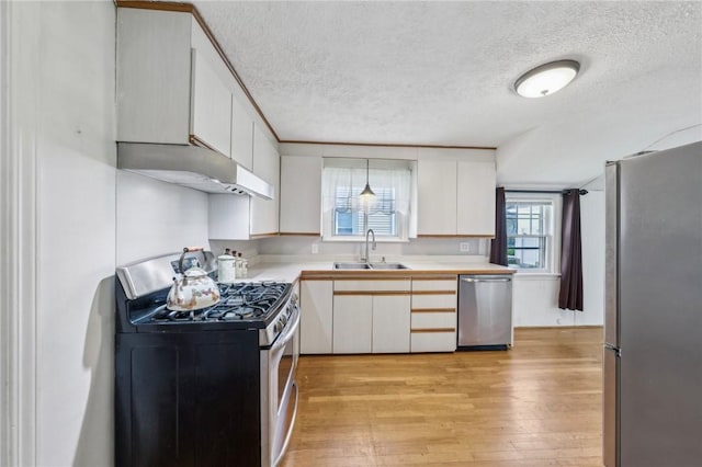 kitchen with appliances with stainless steel finishes, a sink, light countertops, a textured ceiling, and under cabinet range hood