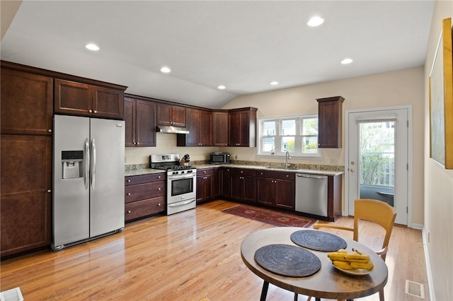 kitchen with visible vents, dark brown cabinets, under cabinet range hood, a sink, and stainless steel appliances