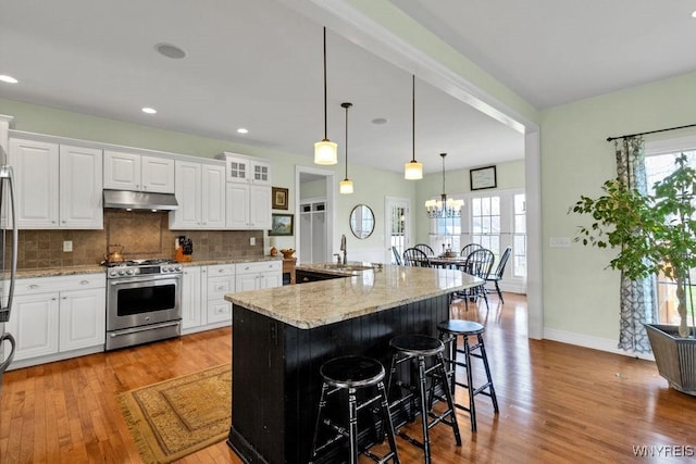 kitchen with wood finished floors, a healthy amount of sunlight, gas range, under cabinet range hood, and a sink