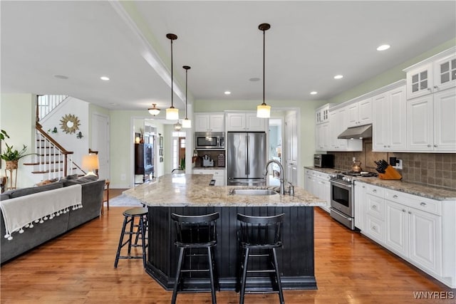 kitchen with decorative backsplash, open floor plan, under cabinet range hood, a sink, and stainless steel appliances