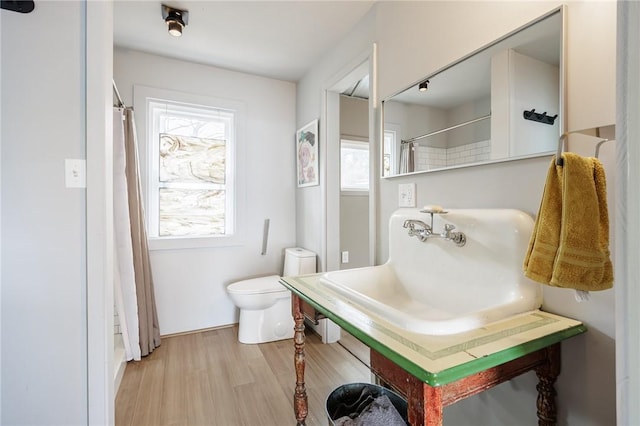 bathroom featuring a sink, a shower with shower curtain, wood finished floors, and toilet