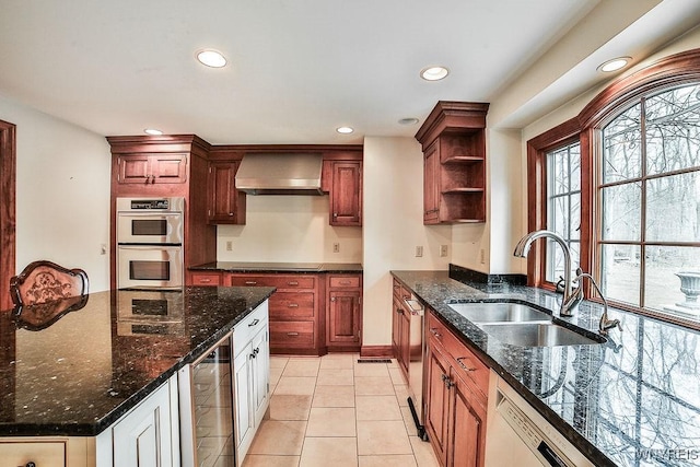 kitchen featuring open shelves, a sink, beverage cooler, wall chimney exhaust hood, and stainless steel appliances