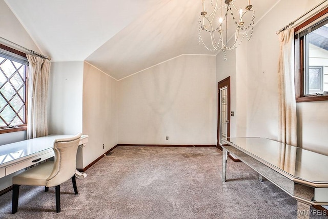 unfurnished office featuring baseboards, carpet, a notable chandelier, and lofted ceiling