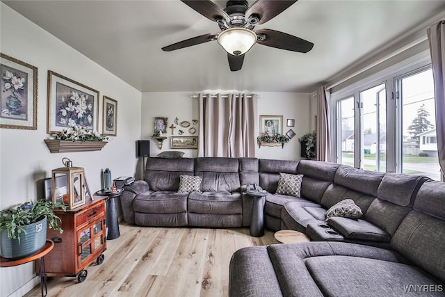 living room featuring ceiling fan and light wood-type flooring