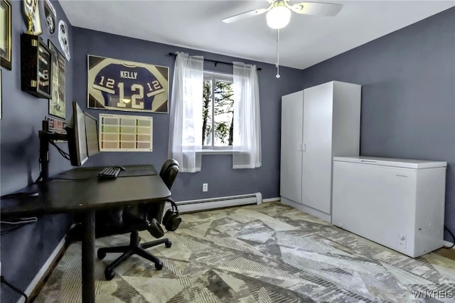office area with carpet floors, ceiling fan, baseboards, and a baseboard radiator