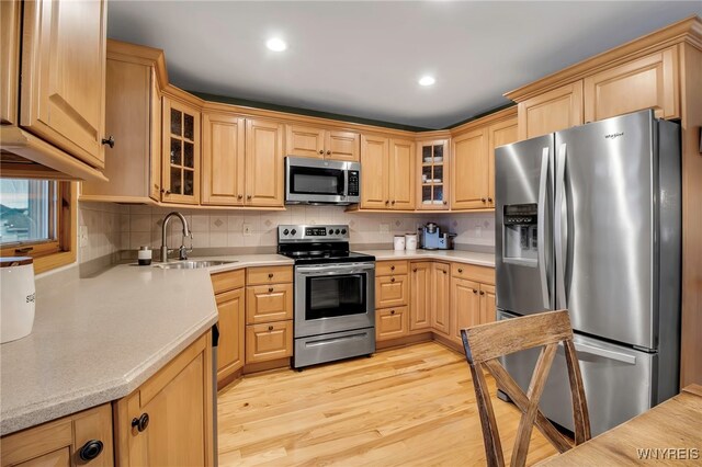 kitchen featuring decorative backsplash, appliances with stainless steel finishes, light wood-type flooring, a sink, and light countertops