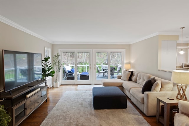 living room with dark wood-type flooring, ornamental molding, and french doors