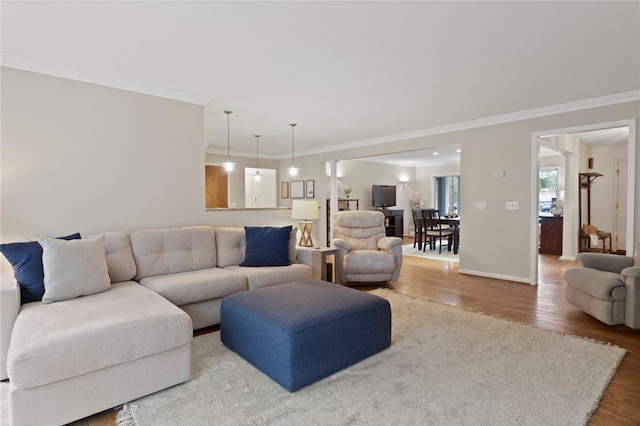 living room featuring baseboards, ornamental molding, and wood finished floors