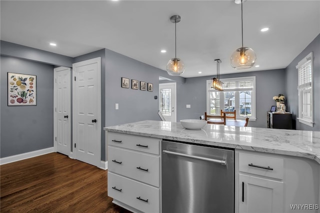 kitchen with white cabinets, dark wood-style flooring, recessed lighting, and dishwasher