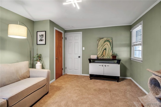 living area featuring baseboards, carpet, and crown molding