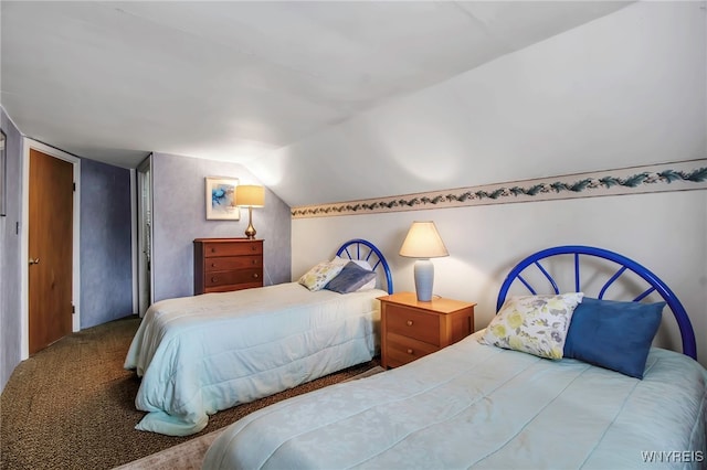 bedroom with vaulted ceiling and carpet flooring