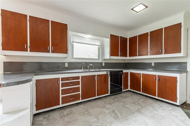 kitchen with black dishwasher, brown cabinets, and a sink