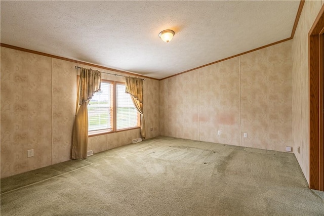 carpeted empty room featuring crown molding and a textured ceiling