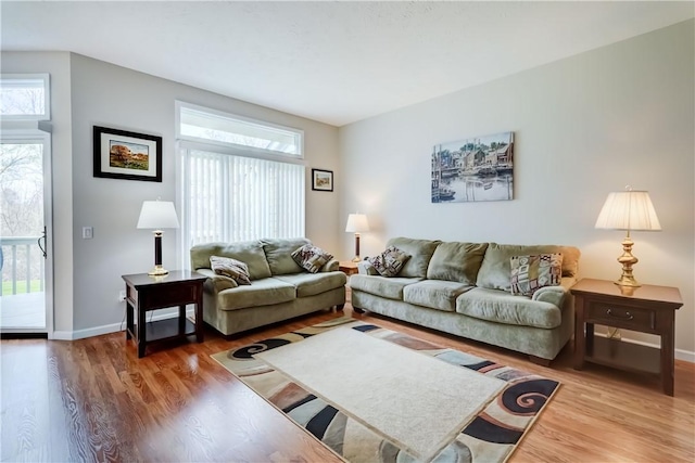 living area featuring baseboards, plenty of natural light, and wood finished floors