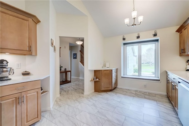 kitchen with visible vents, an inviting chandelier, lofted ceiling, dishwashing machine, and light countertops