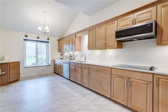 kitchen featuring light brown cabinetry, dishwasher, a sink, black electric cooktop, and stainless steel microwave