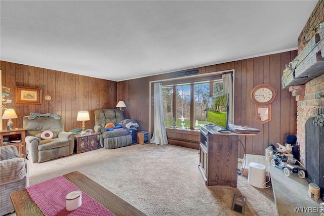 office with a brick fireplace, wooden walls, and light carpet
