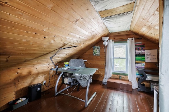 office area featuring wood walls, wood ceiling, lofted ceiling, and hardwood / wood-style flooring