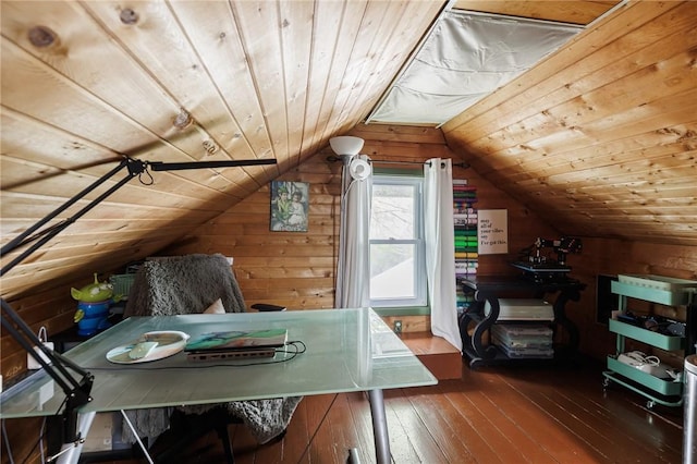 bonus room featuring wood ceiling, vaulted ceiling, wood walls, and hardwood / wood-style floors