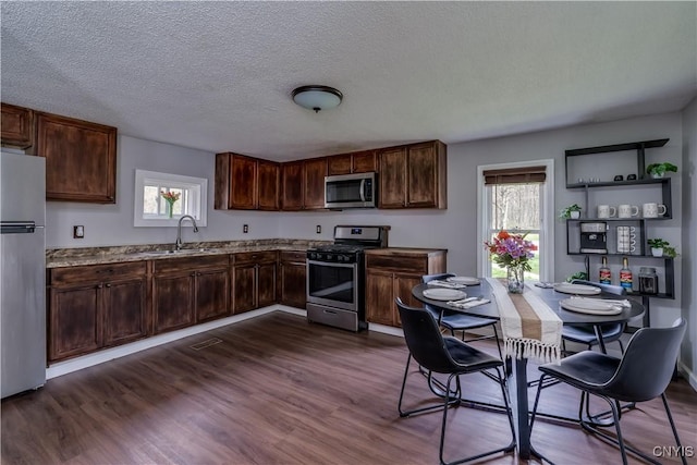 kitchen with a sink, appliances with stainless steel finishes, dark wood-type flooring, and a healthy amount of sunlight