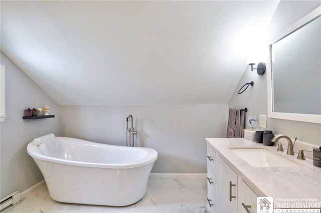 full bath with vaulted ceiling, a baseboard heating unit, and marble finish floor
