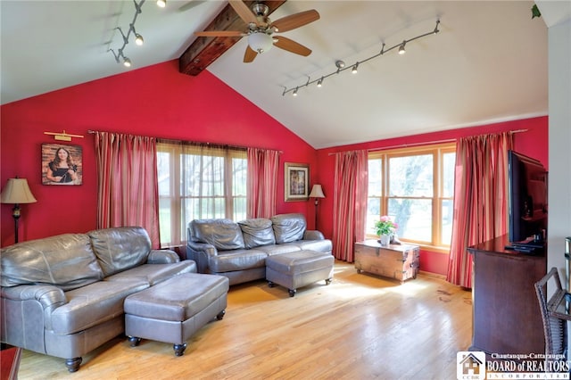 living area with ceiling fan, lofted ceiling with beams, a wealth of natural light, and wood finished floors