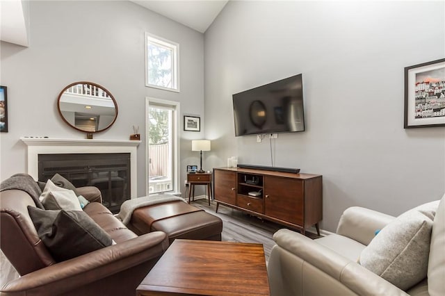 living room with a glass covered fireplace, wood finished floors, and high vaulted ceiling