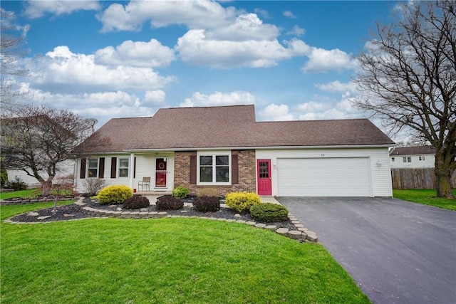 cape cod house featuring a front lawn, aphalt driveway, fence, a shingled roof, and an attached garage