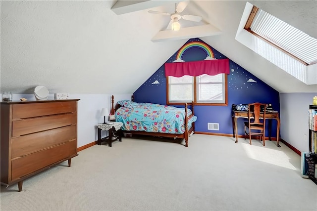 carpeted bedroom featuring baseboards, visible vents, ceiling fan, and lofted ceiling