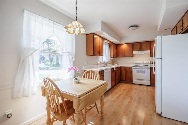 kitchen featuring pendant lighting, white appliances, light countertops, under cabinet range hood, and brown cabinets