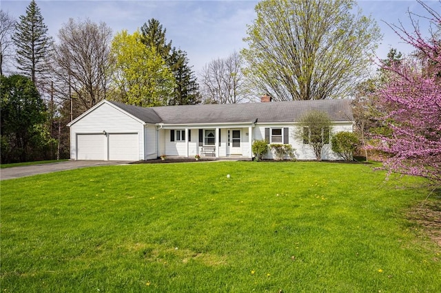 ranch-style house featuring a garage, a front lawn, aphalt driveway, a chimney, and a porch