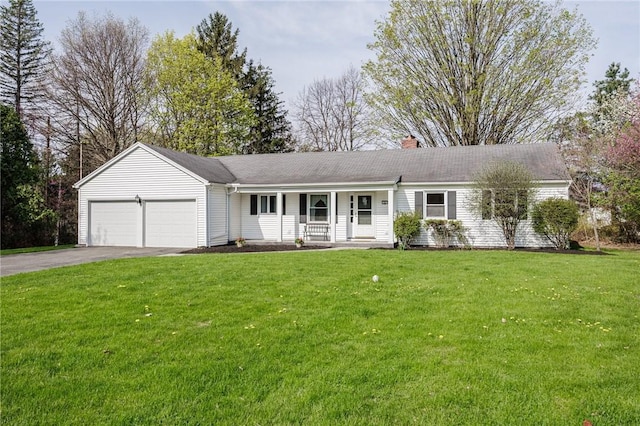 single story home with a garage, a front lawn, a chimney, a porch, and driveway