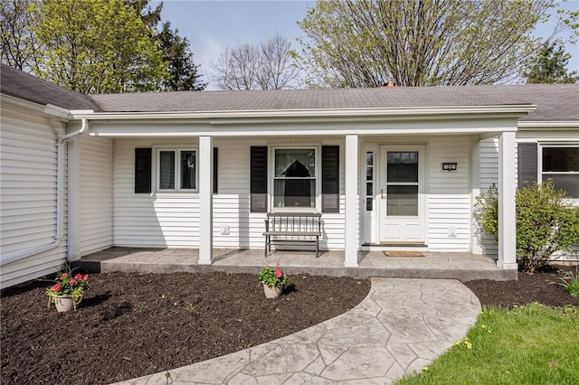 entrance to property with roof with shingles and covered porch