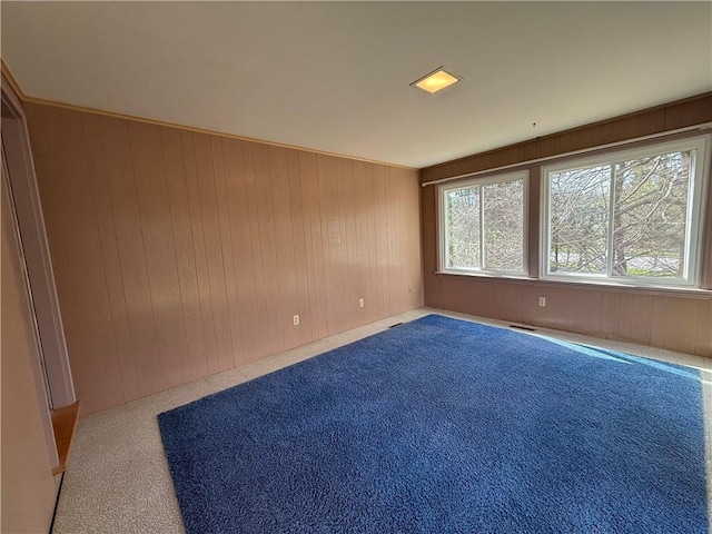 carpeted empty room featuring wood walls